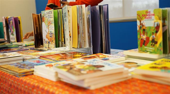 A close up picture of books.